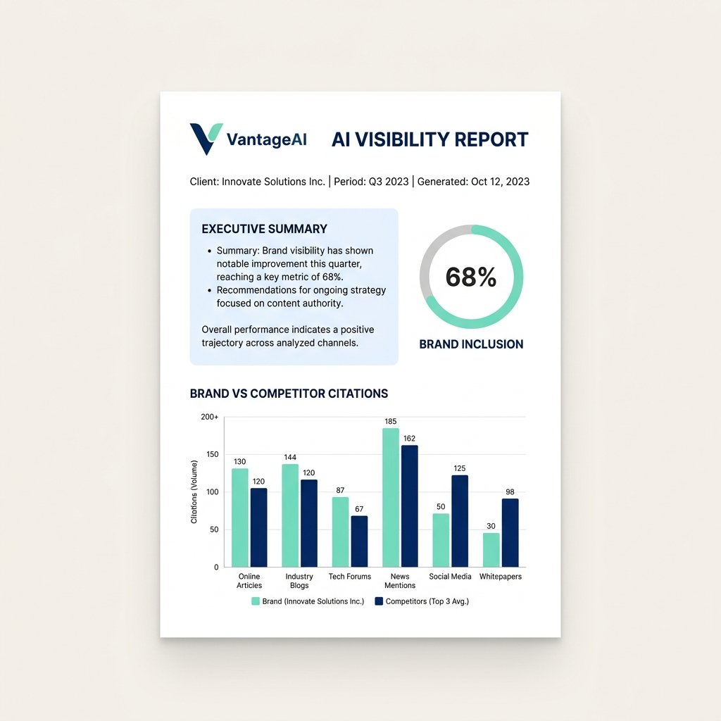Client-ready AI visibility report with executive summary, metrics, and recommended next actions