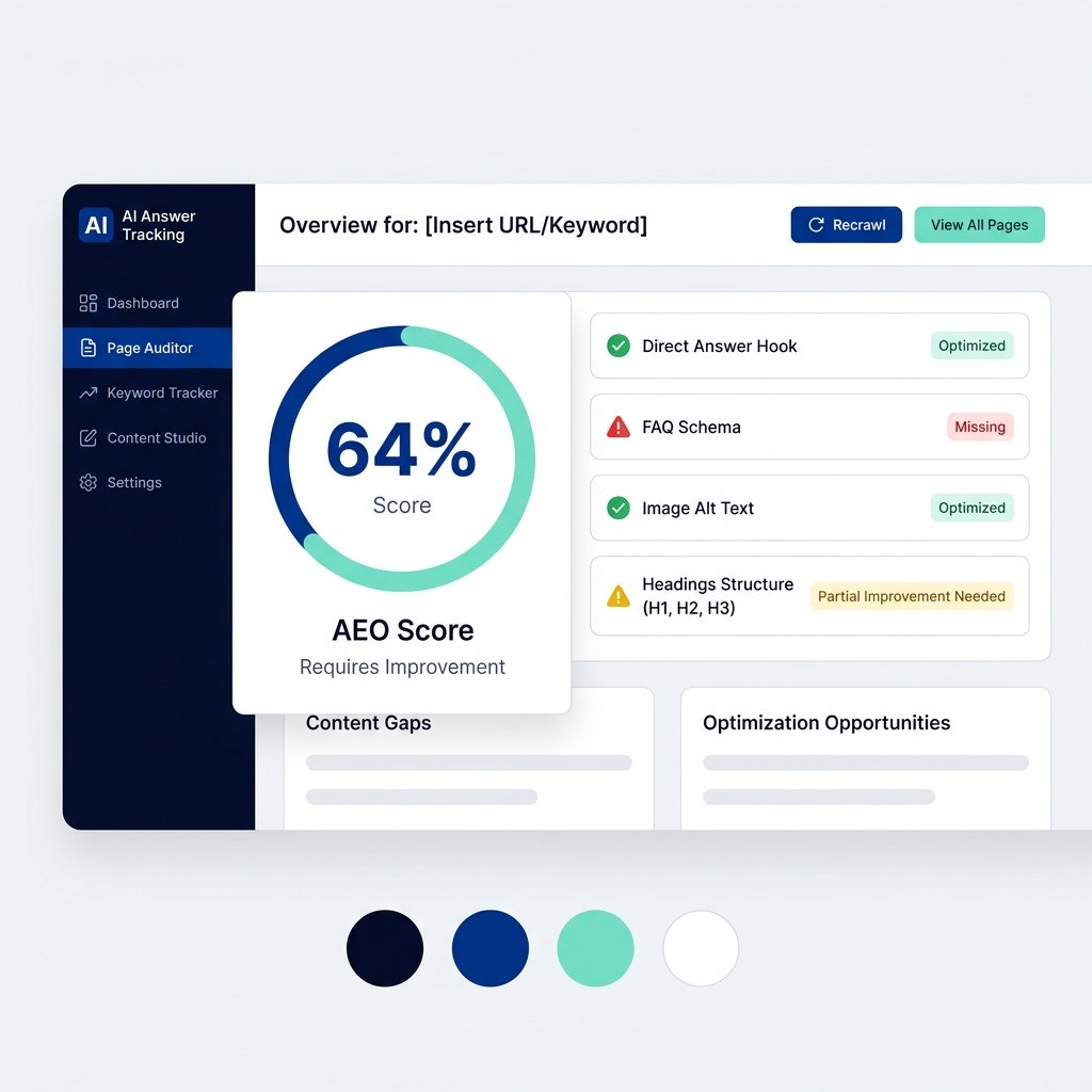 AIO Auditor results with category scores and prioritized recommendations for a page