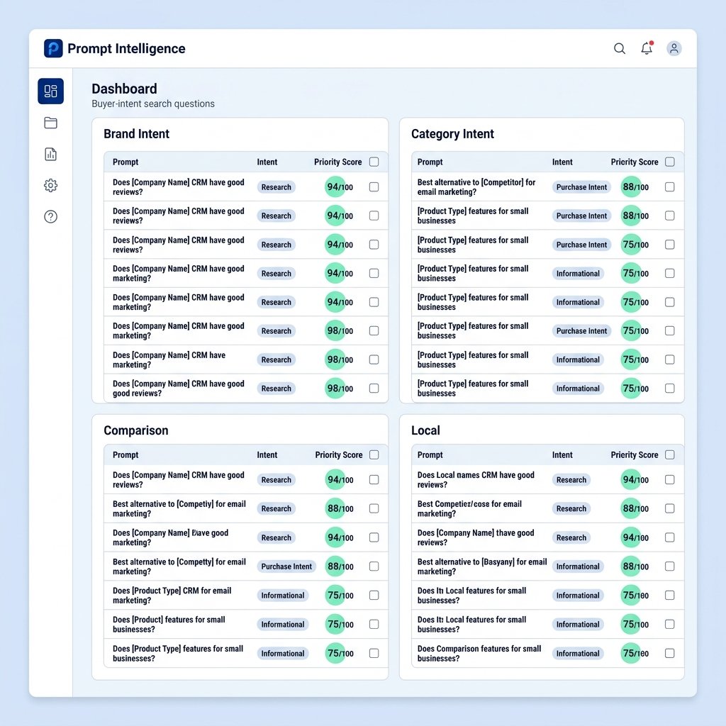 Prompt intelligence view showing generated buyer-intent prompts grouped by type and priority